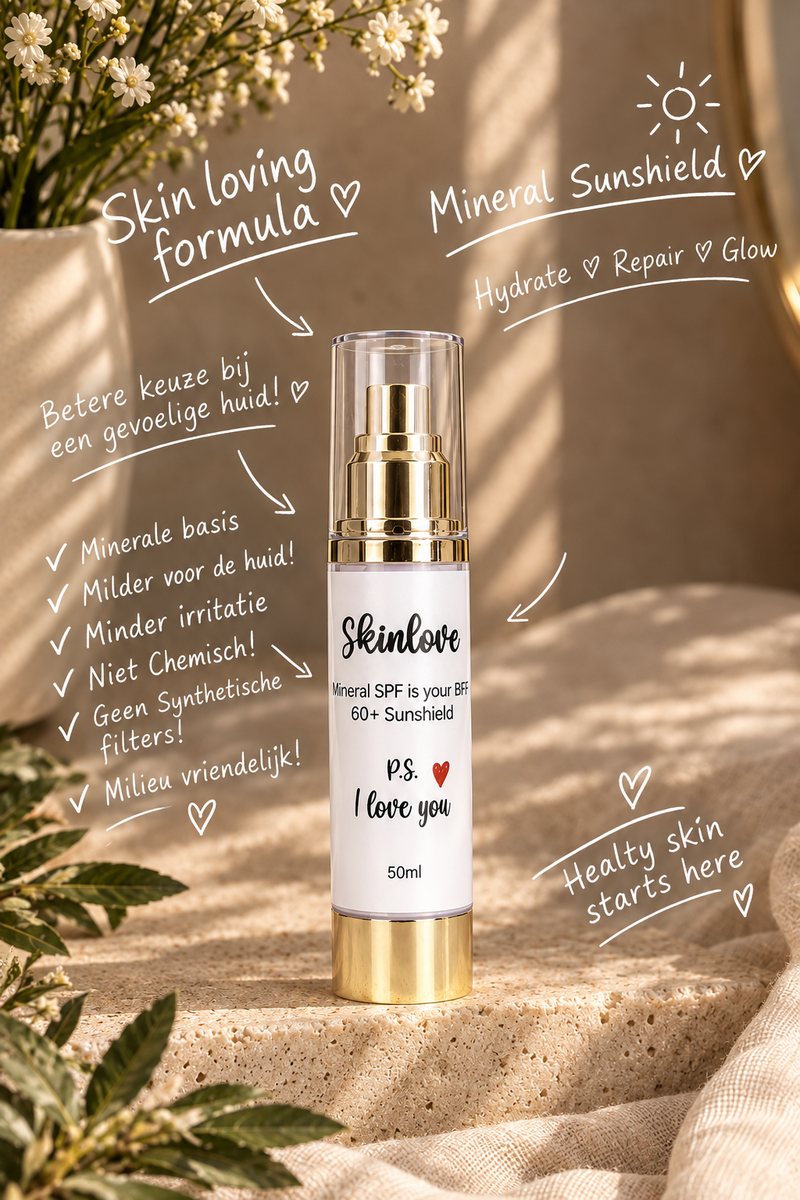 Skinlove Mineral Sunshield SPF 60+ 50 ml, minerale zonbescherming voor de gevoelige huid